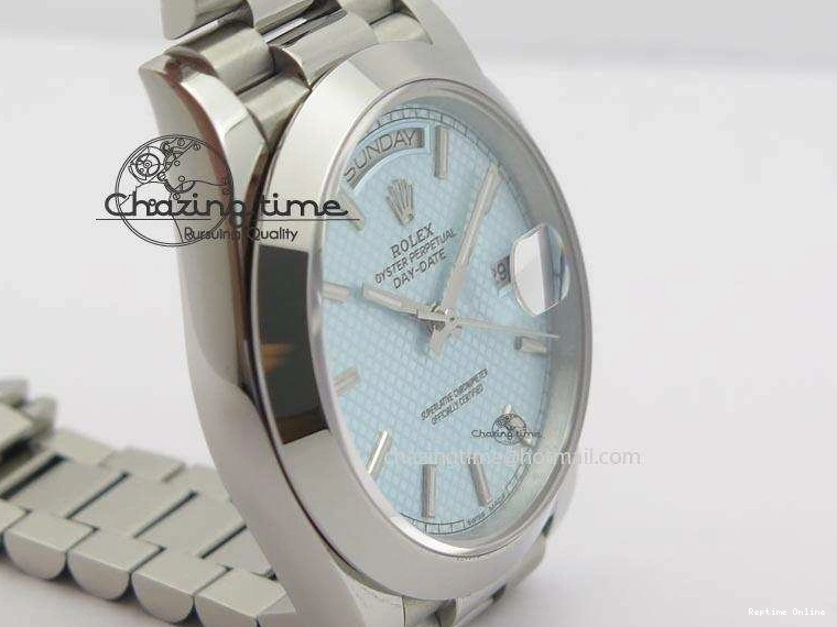 0112 DayDate 40mm BP-Maker 228206 SS Ice Blue Stick Dial (Smooth Bezel) On SS Bracelet ETA FreshLook 3913